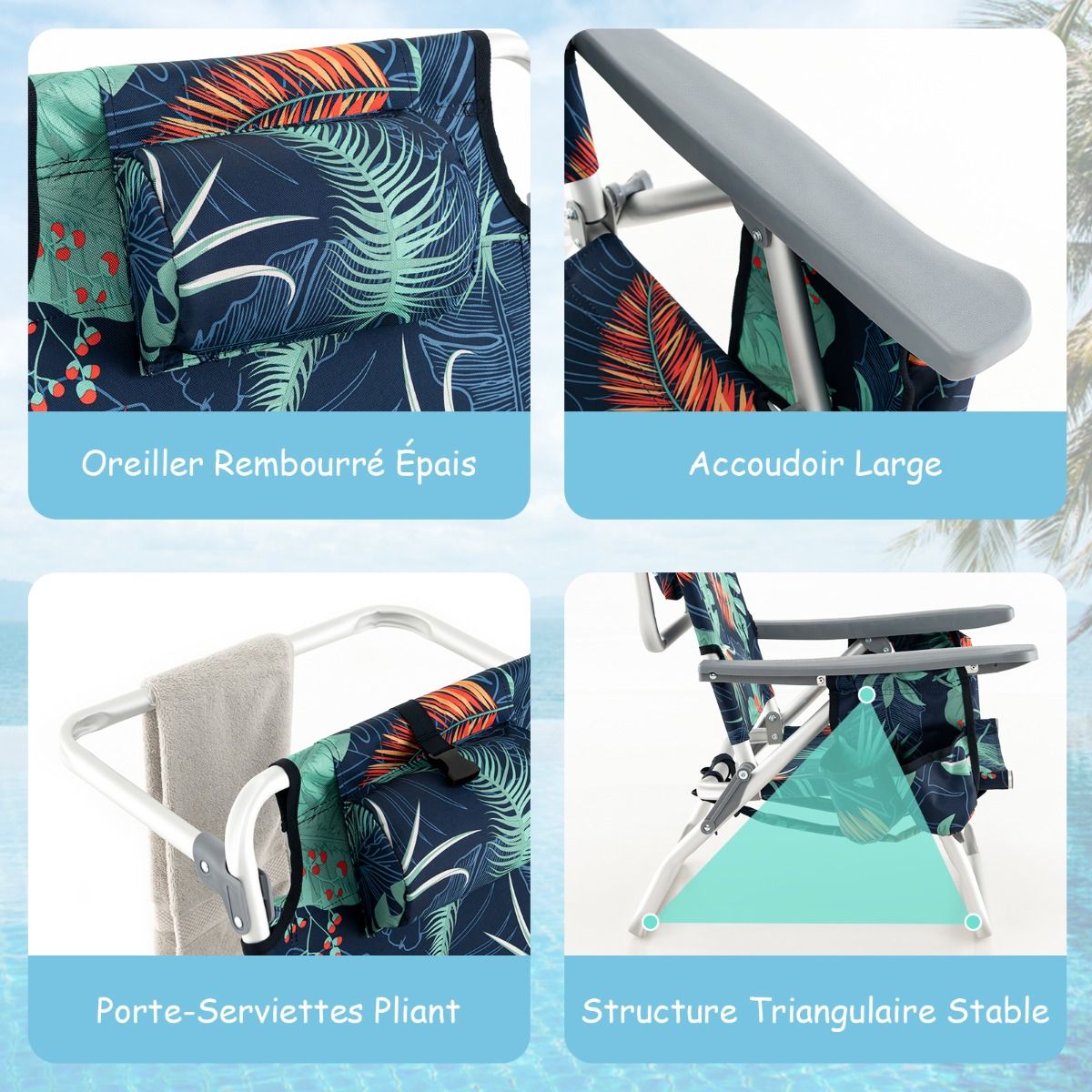 Set of 2 Folding Beach Camping Chairs Aluminum Roll-Up Table Headrest Adjustable Backrest in 5 Positions 6 Colors to Choose From -