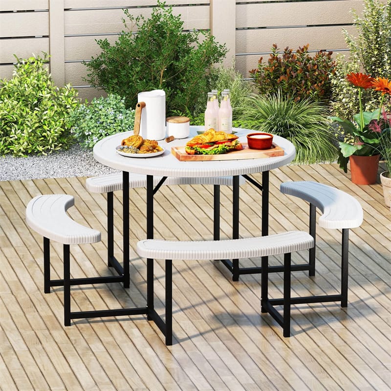 8 Person Round Outdoor Picnic Table Bench Set with Umbrella Hole, All-Weather HDPE Tabletop & Metal Frame - Product image 40