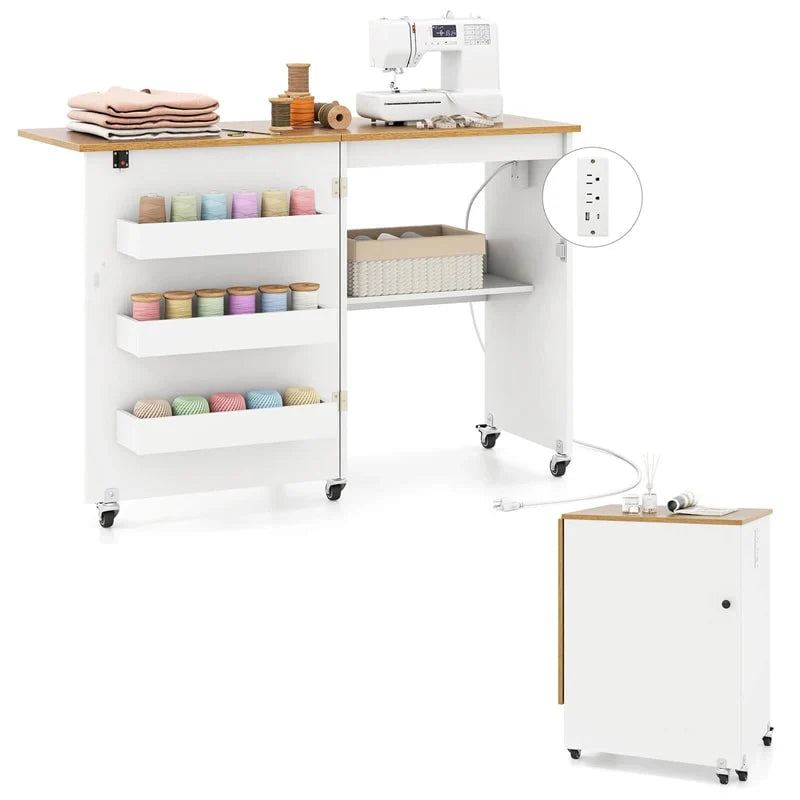 Folding Sewing Table with Charging Station, Rolling Craft Table w/ 3 Storage Trays & Shelf - Product image 1