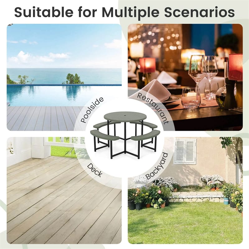8 Person Round Outdoor Picnic Table Bench Set with Umbrella Hole, All-Weather HDPE Tabletop & Metal Frame - Product image 19