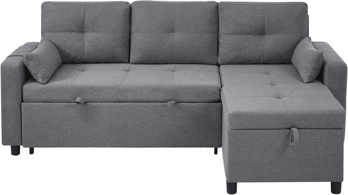 Zubaliya L-Shaped Convertible Sofa, 2-Seater Convertible Sofa Bed, Gray, 3-Seater Pull-Out Sofa Bed with Sleeping Function, Equipped with Storage Space