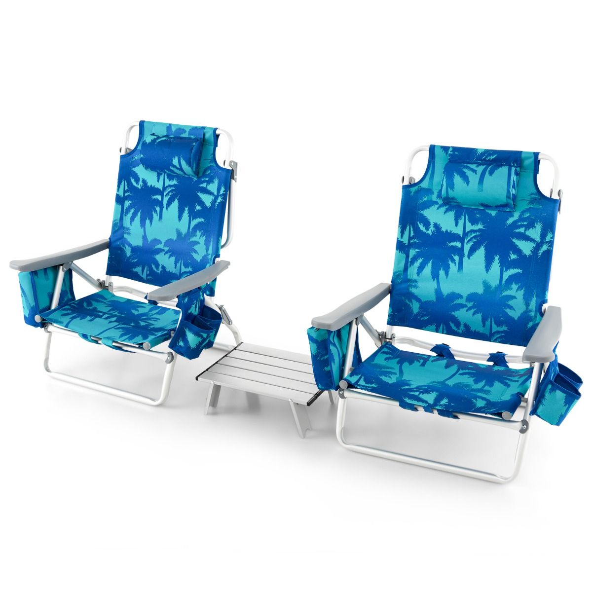 Set of 2 Folding Beach Camping Chairs Aluminum Roll-Up Table Headrest Adjustable Backrest in 5 Positions 6 Colors to Choose From -