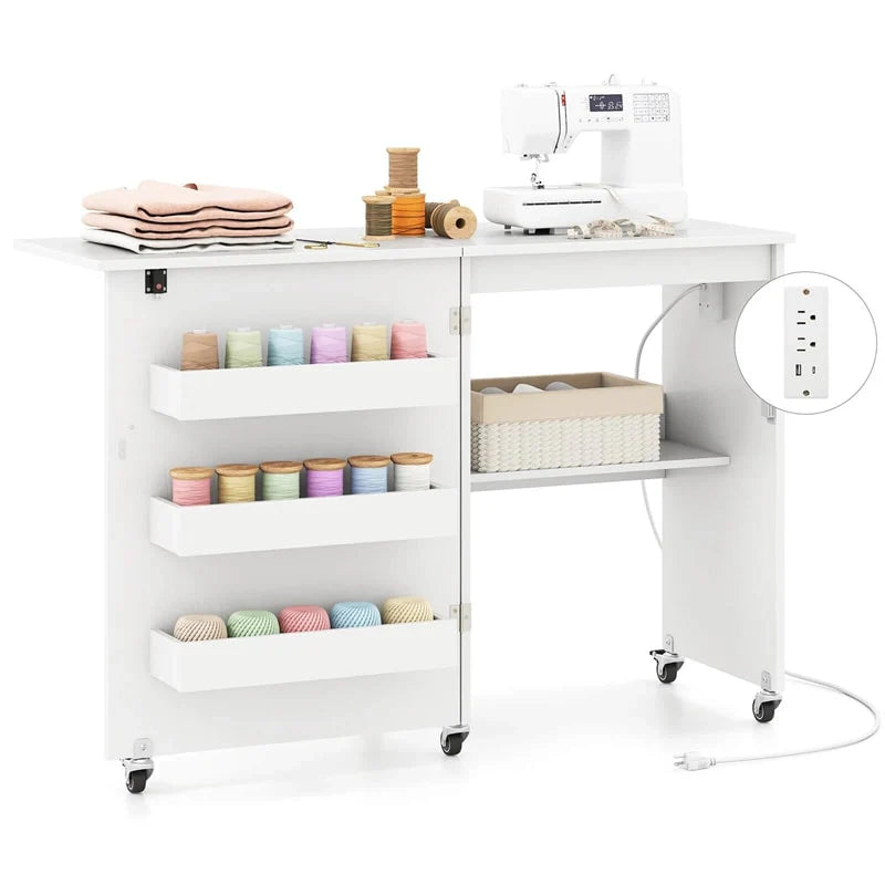 Folding Sewing Table with Charging Station, Rolling Craft Table w/ 3 Storage Trays & Shelf - Product image 34