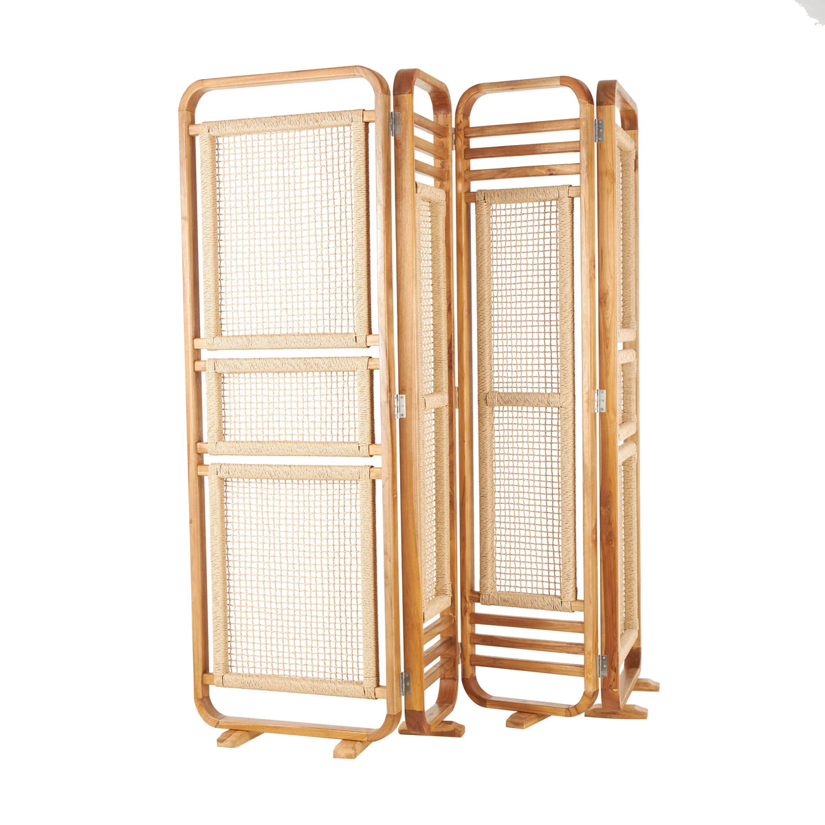 Decmode 79" x 70" Brown Teak Wood Handmade Foldable Partition 4 Panel Room Divider Screen with Woven Rattan - Product image 7