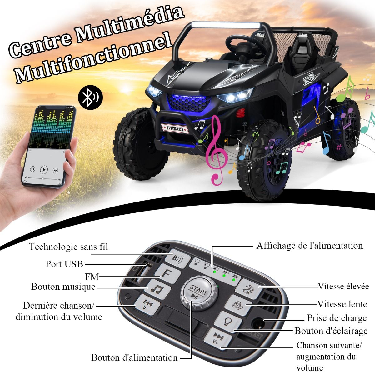 Children's Electric Car 12 V Remote Control for 3-8 Years 2 Speeds Suspension Spring Load 59KG 118x74x71CM Black/Pink/Red -