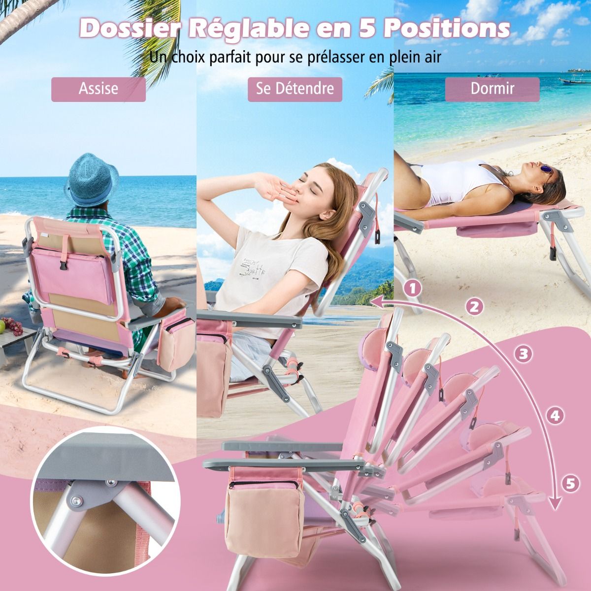 Set of 2 Folding Beach Camping Chairs Aluminum Roll-Up Table Headrest Adjustable Backrest in 5 Positions 6 Colors to Choose From -