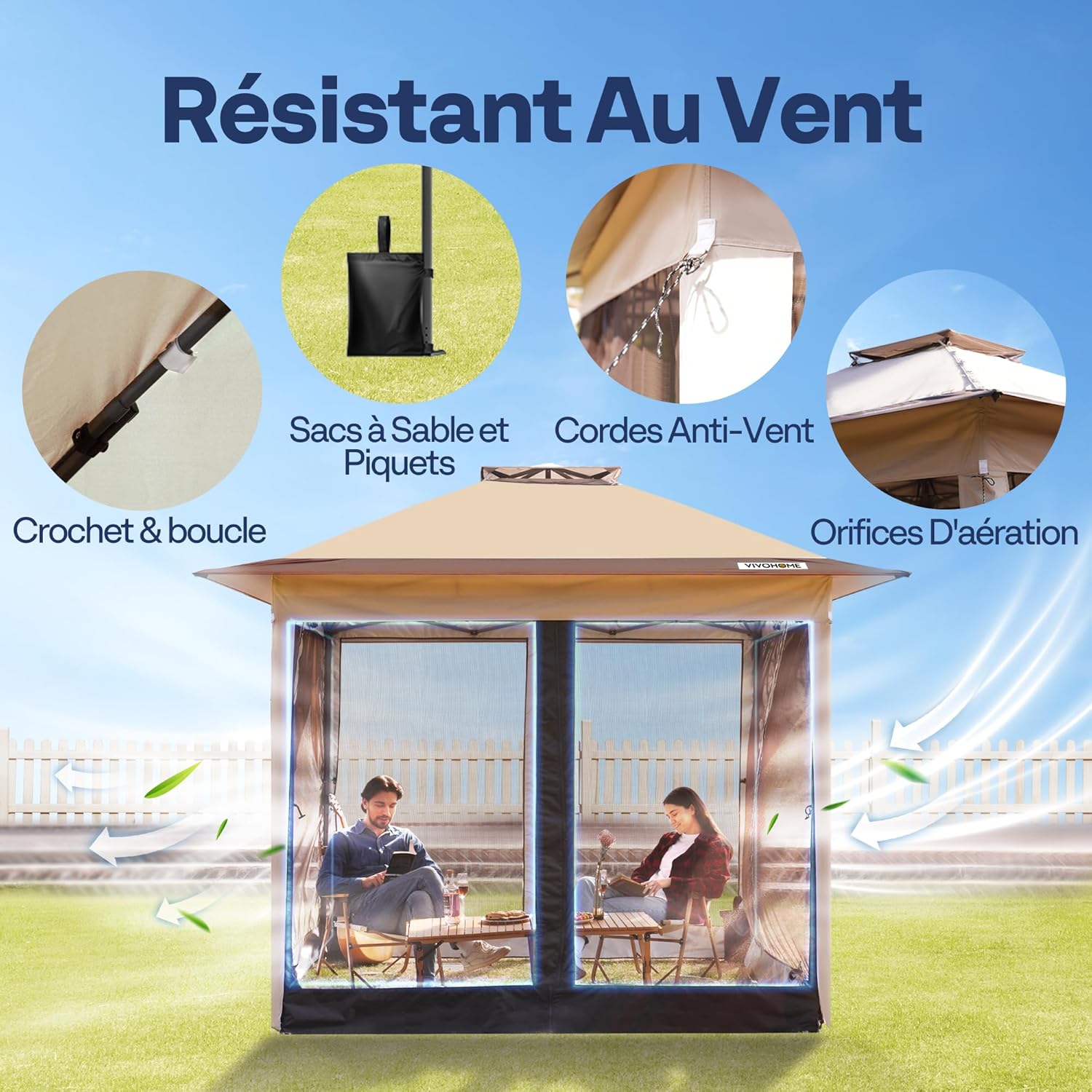 VIVOHOME Screen Tent Portable Water Resistant Folding Gazebo Barnum Garden Gazebo with Mosquito Net 2 Zippered Doors and Rolling Bag (Beige & Brown, 3x3 m)