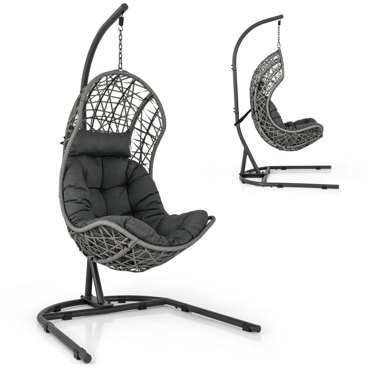 PE Rattan Egg Chair with Stand with Pillow and Cushion Hanging Chair with Suspension Accessories Capacity 160 Kg Gray -