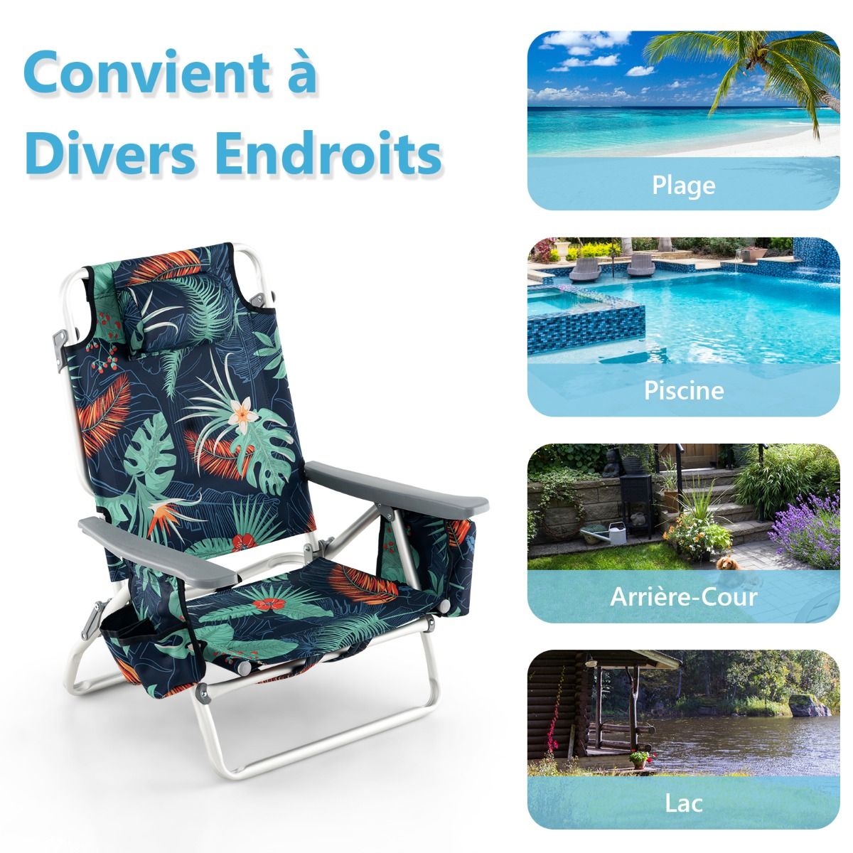 Set of 2 Folding Beach Camping Chairs Aluminum Roll-Up Table Headrest Adjustable Backrest in 5 Positions 6 Colors to Choose From -