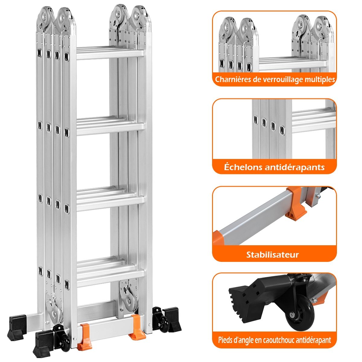 5 in 1 Multipurpose Ladder with 2 Uprights 4 Folds 15 Rungs Foldable and Multifunction Capacity 150kg in Aluminum -