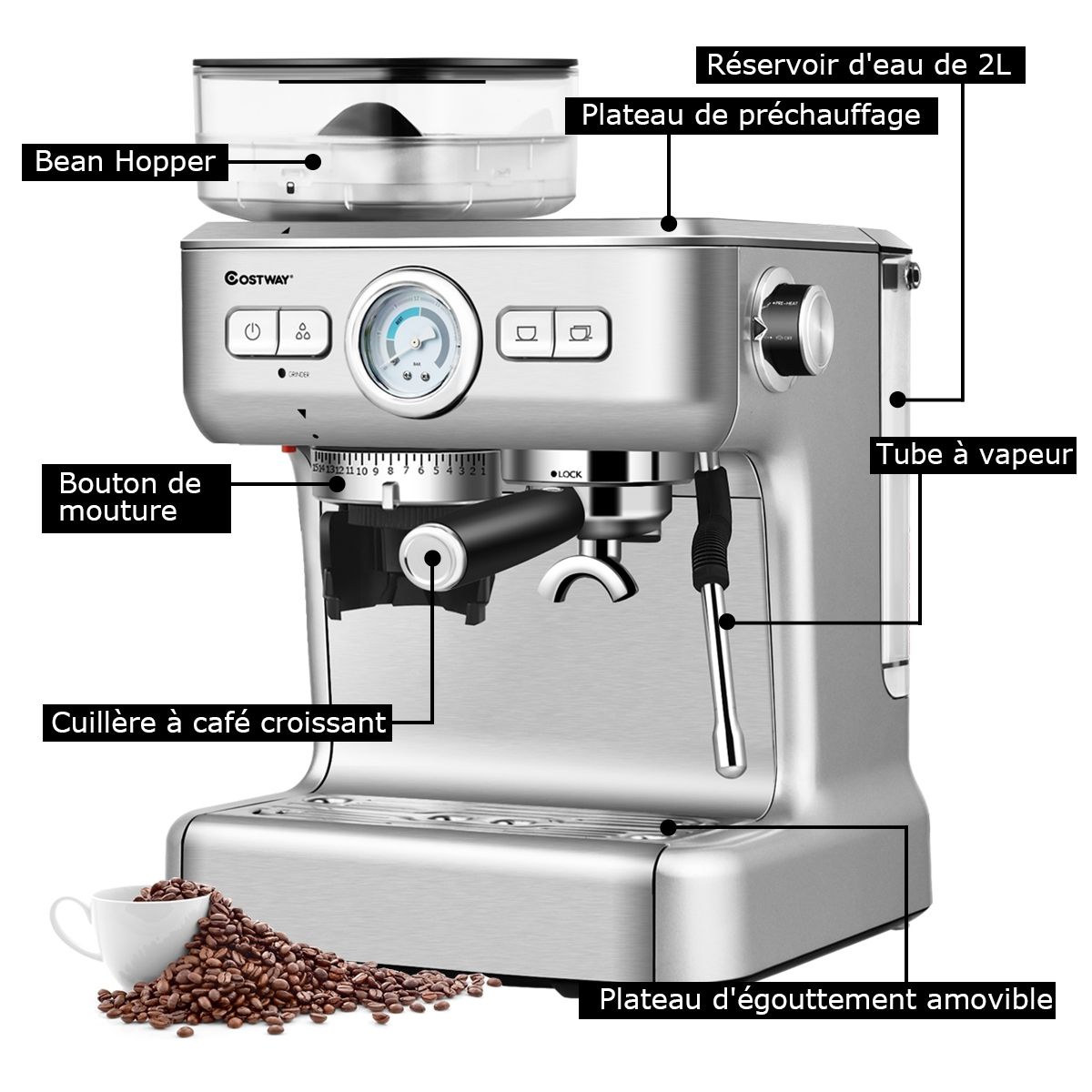 Automatic Coffee Machine with Bean Grinder 1350W 30 Adjustable Coffee Powder Levels Adjustable Temperature -