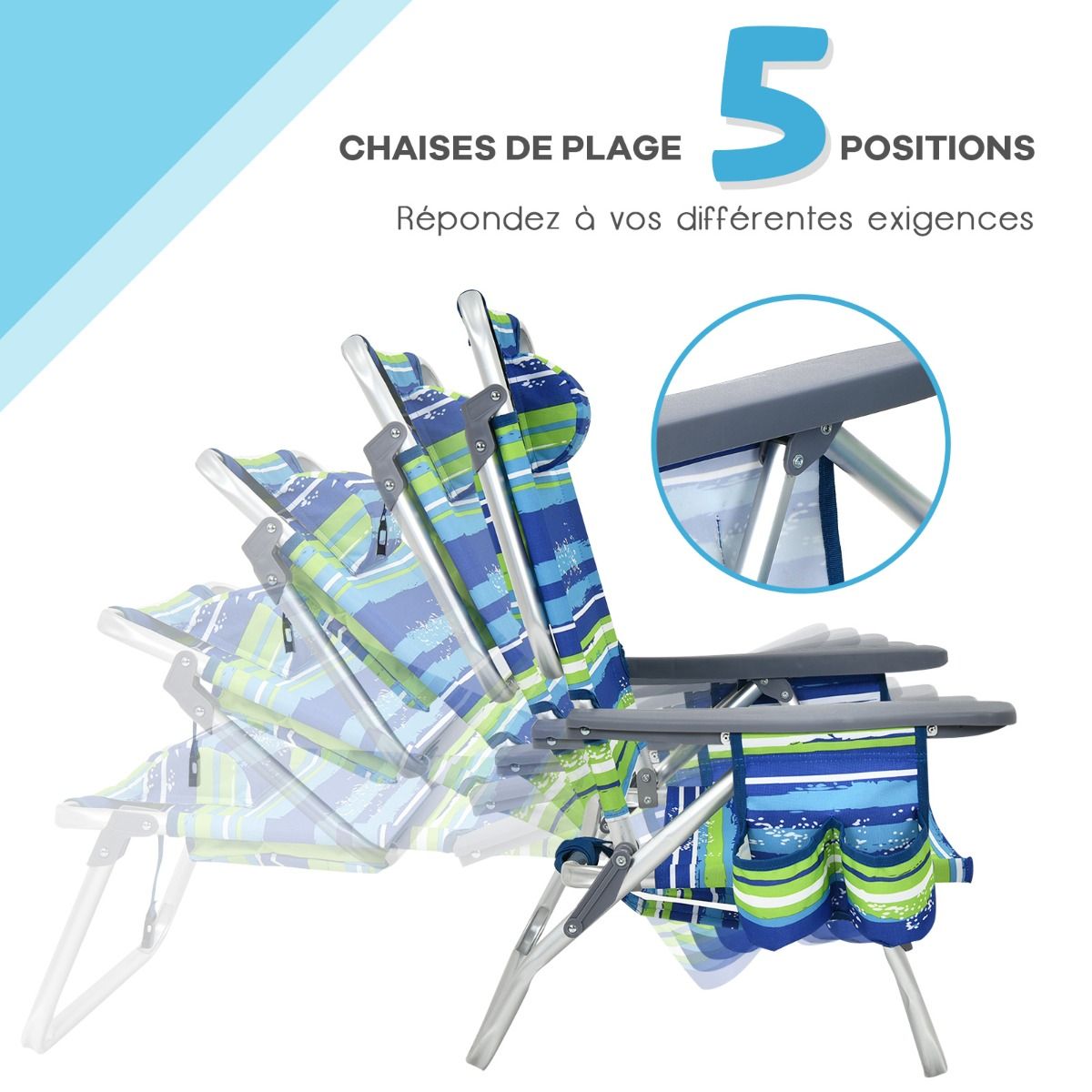 Set of 2 Folding Beach Camping Chairs Aluminum Roll-Up Table Headrest Adjustable Backrest in 5 Positions 6 Colors to Choose From -