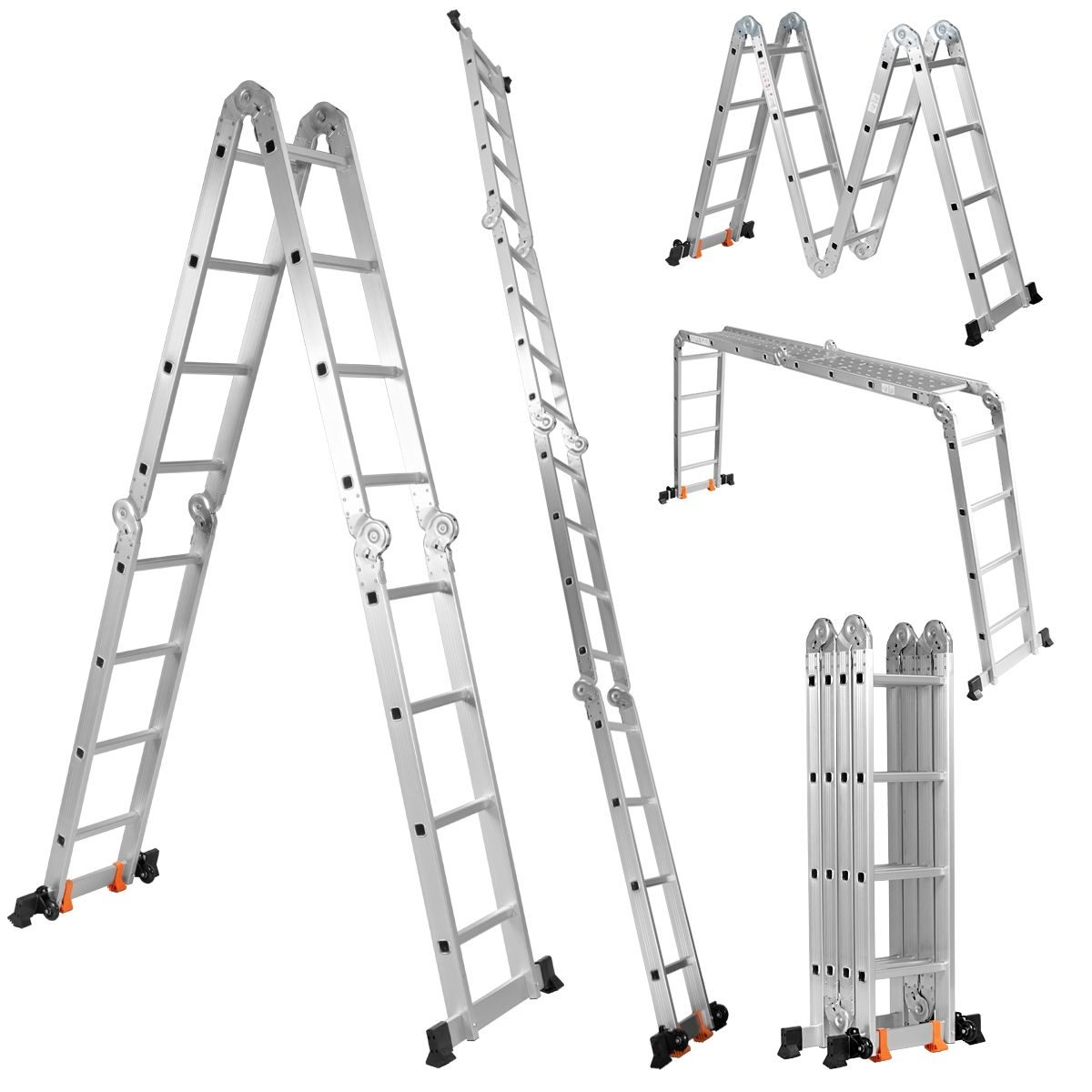 5 in 1 Multipurpose Ladder with 2 Uprights 4 Folds 15 Rungs Foldable and Multifunction Capacity 150kg in Aluminum -