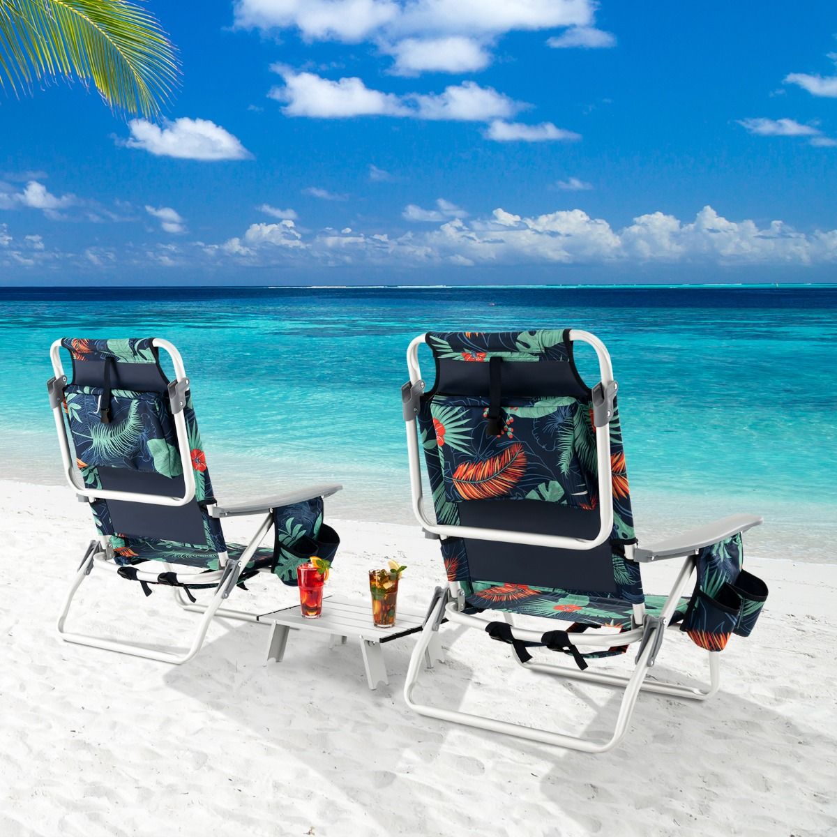 Set of 2 Folding Beach Camping Chairs Aluminum Roll-Up Table Headrest Adjustable Backrest in 5 Positions 6 Colors to Choose From -