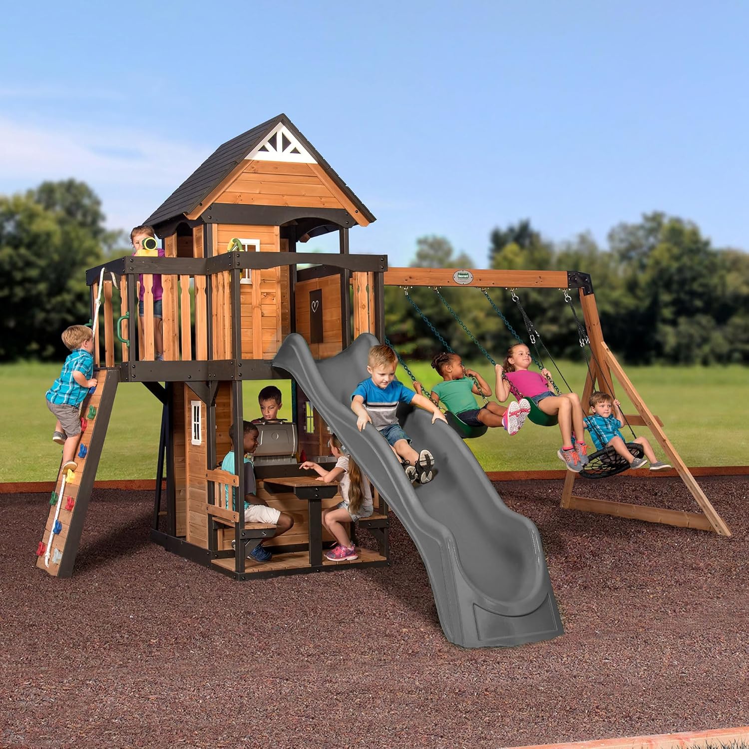 Backyard Discovery Canyon Creek Cedar Wood Swing Set with Wave Slide. Clubhouse. Play Kitchen. Picnic Area - Product image 7