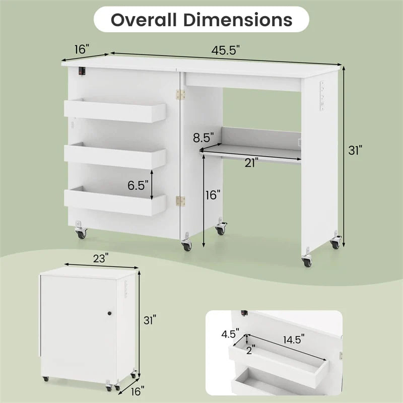 Folding Sewing Table with Charging Station, Rolling Craft Table w/ 3 Storage Trays & Shelf - Product image 28