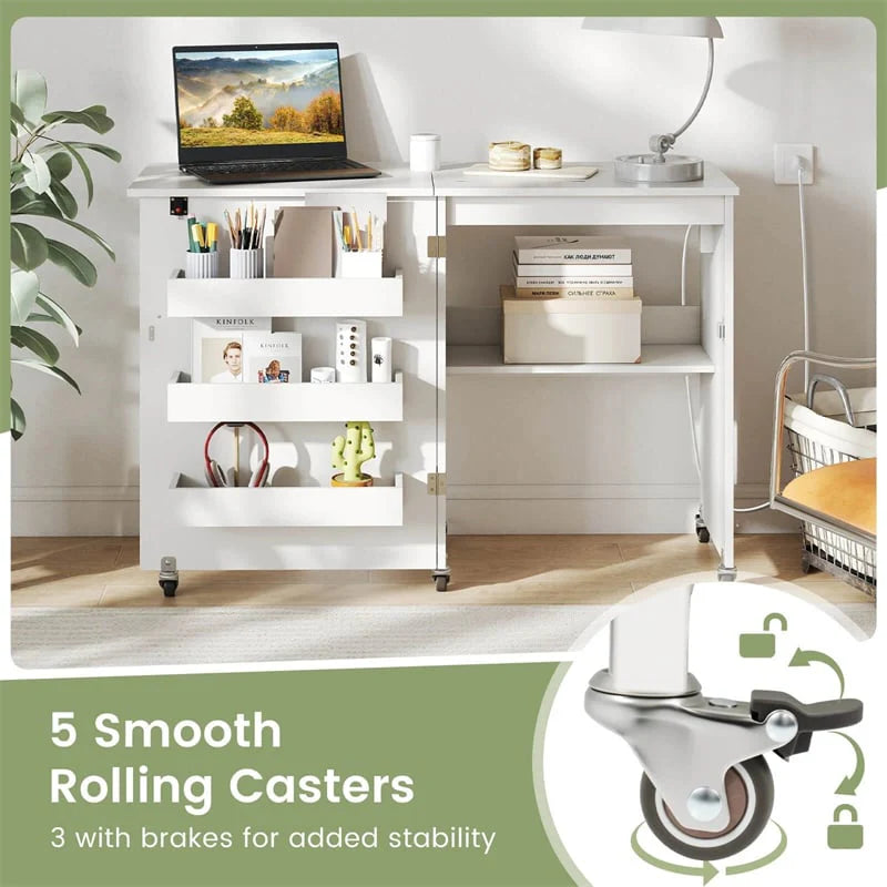 Folding Sewing Table with Charging Station, Rolling Craft Table w/ 3 Storage Trays & Shelf - Product image 33