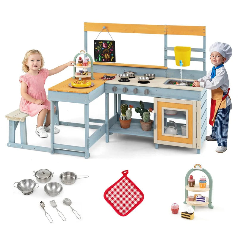 2-in-1 Mud Kitchen & Kids Picnic Table Built-in Bench, Fir Wood Outdoor Play Kitchen Playset with - Product image 1