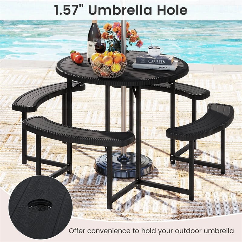 8 Person Round Outdoor Picnic Table Bench Set with Umbrella Hole, All-Weather HDPE Tabletop & Metal Frame - Product image 8
