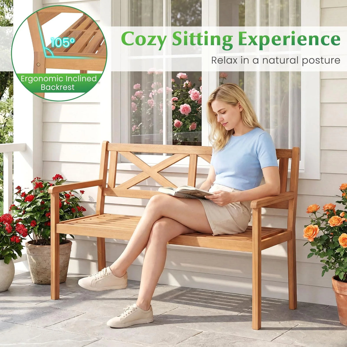 Tangkula Acacia Wood Outdoor Loveseat Bench 2-Person Patio Garden Bench - Product image 7