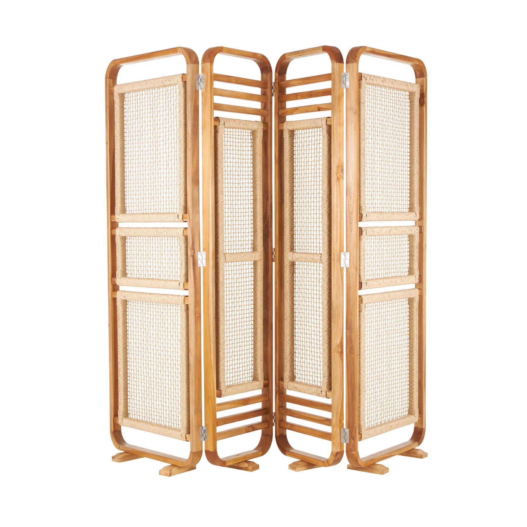 Decmode 79" x 70" Brown Teak Wood Handmade Foldable Partition 4 Panel Room Divider Screen with Woven Rattan - Product image 1