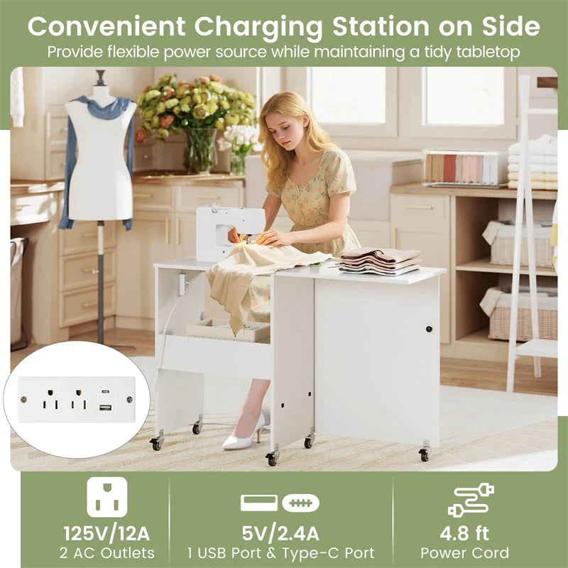 Folding Sewing Table with Charging Station, Rolling Craft Table w/ 3 Storage Trays & Shelf - Product image 32