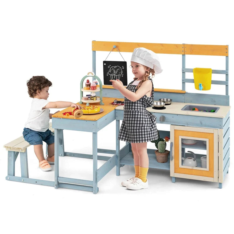 2-in-1 Mud Kitchen & Kids Picnic Table Built-in Bench, Fir Wood Outdoor Play Kitchen Playset with - Product image 2