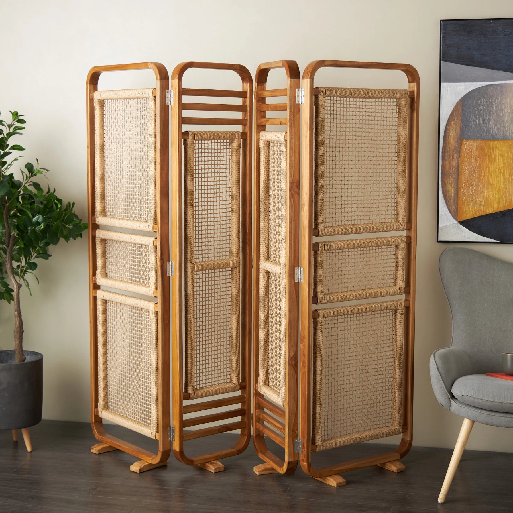 Decmode 79" x 70" Brown Teak Wood Handmade Foldable Partition 4 Panel Room Divider Screen with Woven Rattan - Product image 2