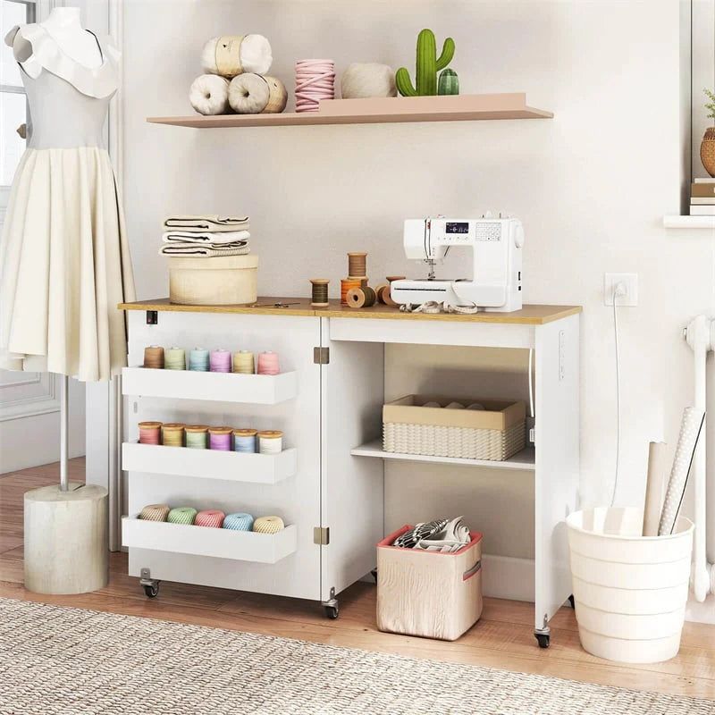 Folding Sewing Table with Charging Station, Rolling Craft Table w/ 3 Storage Trays & Shelf - Product image 3