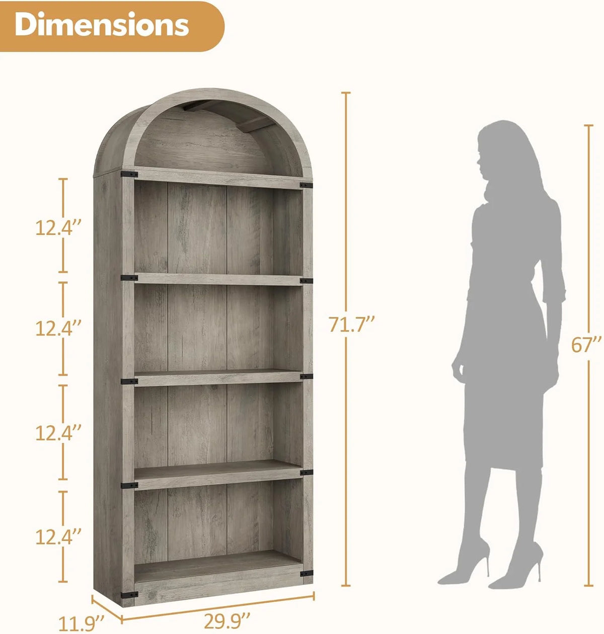 Bookcase 5 Shelf Arched Bookshelf 71.65in Tall Bookcase Farmhouse Display Storage Rack Wooden Bookshelves - Product image 10