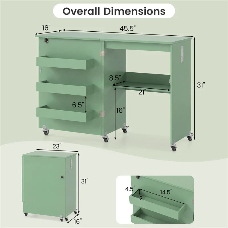 Folding Sewing Table with Charging Station, Rolling Craft Table w/ 3 Storage Trays & Shelf - Product image 56