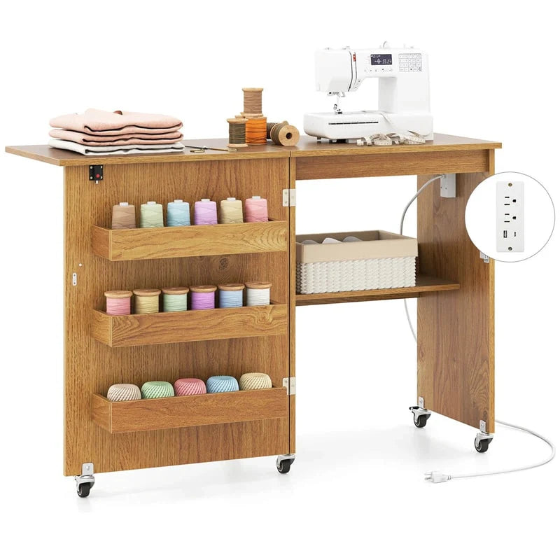 Folding Sewing Table with Charging Station, Rolling Craft Table w/ 3 Storage Trays & Shelf - Product image 45