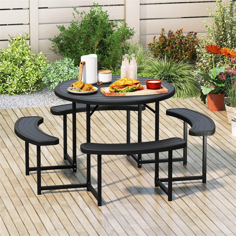 8 Person Round Outdoor Picnic Table Bench Set with Umbrella Hole, All-Weather HDPE Tabletop & Metal Frame - Product image 10