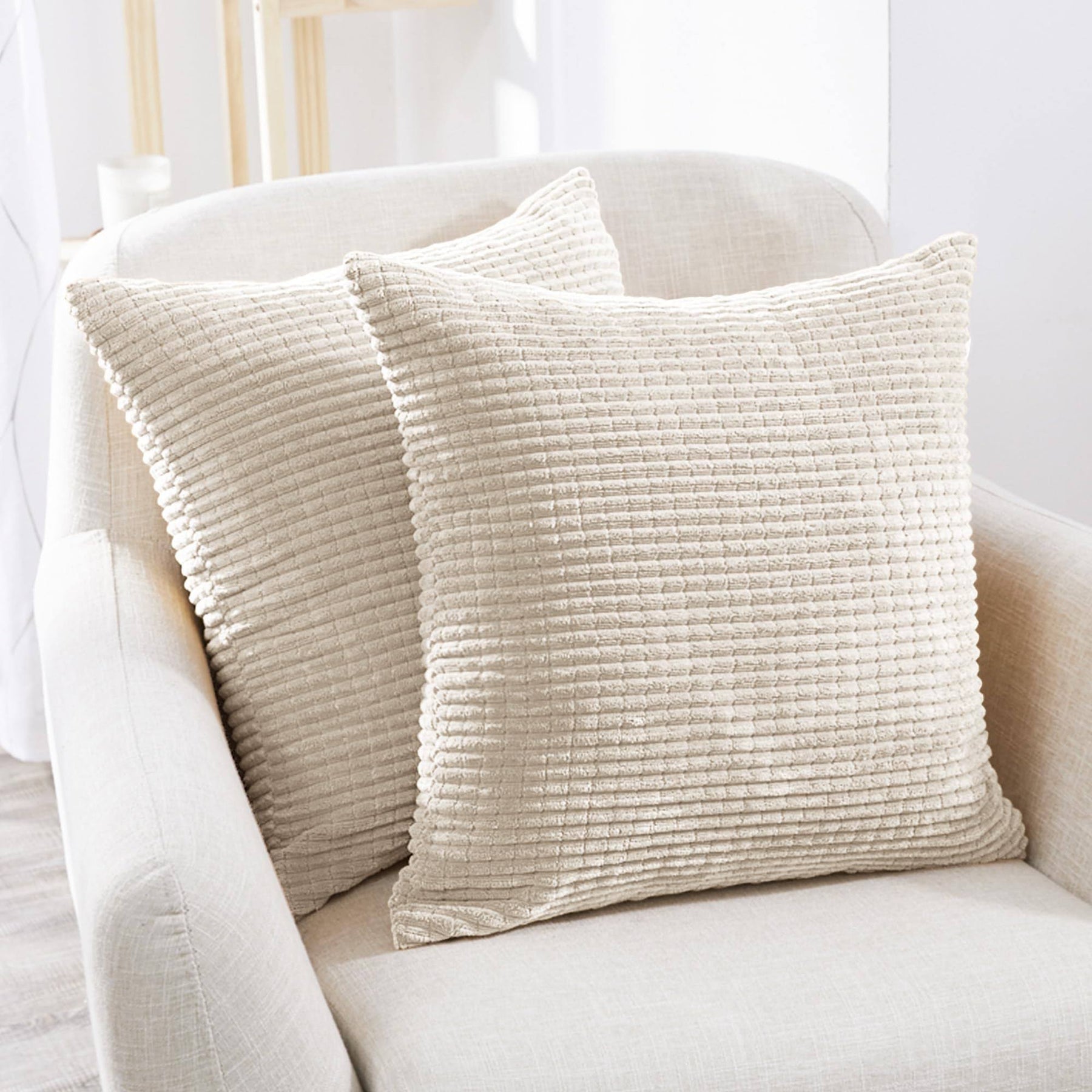 Deconovo Corduroy Style Throw Pillow Covers in Cream, 16x16inch, Cushion Cover Machine Washable with Stripe - Product image 1