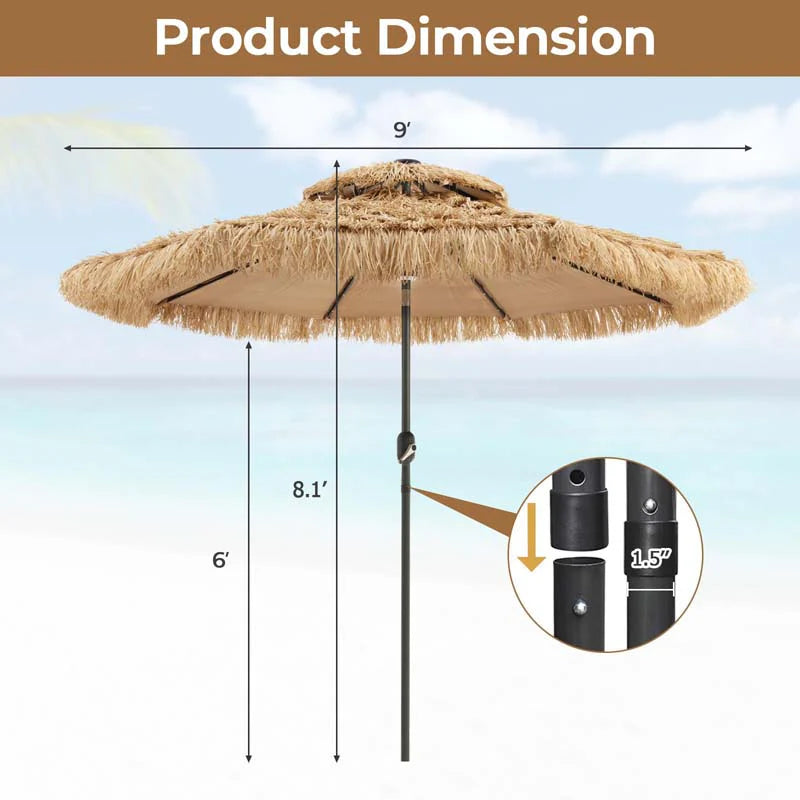 9FT Thatched Tiki Patio Umbrella with 33 Solar LED Lights, Hawaiian Style 2-Tier Hula Beach Umbrella with - Product image 9