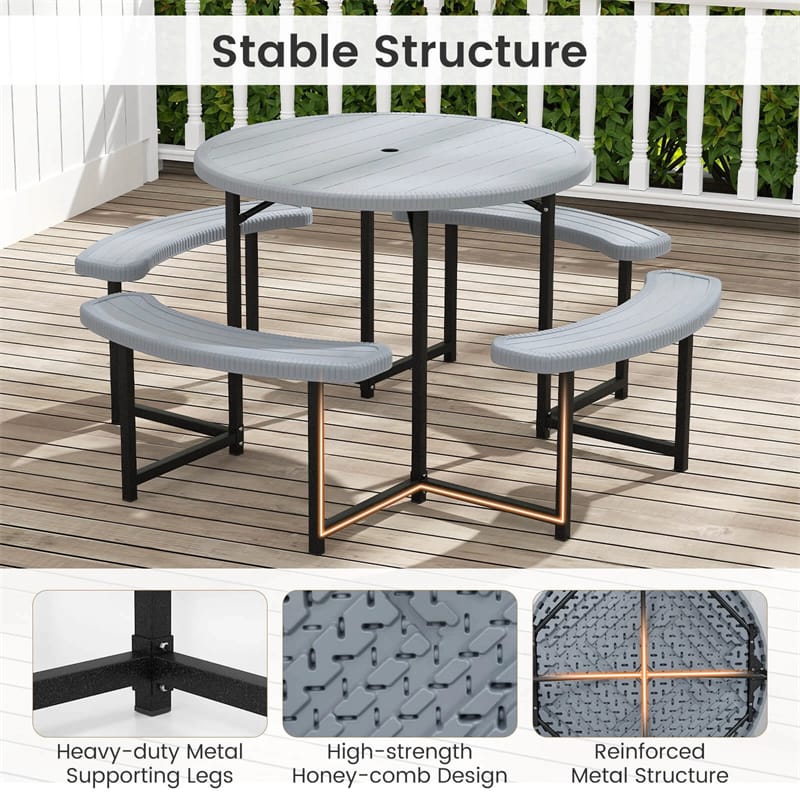 8 Person Round Outdoor Picnic Table Bench Set with Umbrella Hole, All-Weather HDPE Tabletop & Metal Frame - Product image 25
