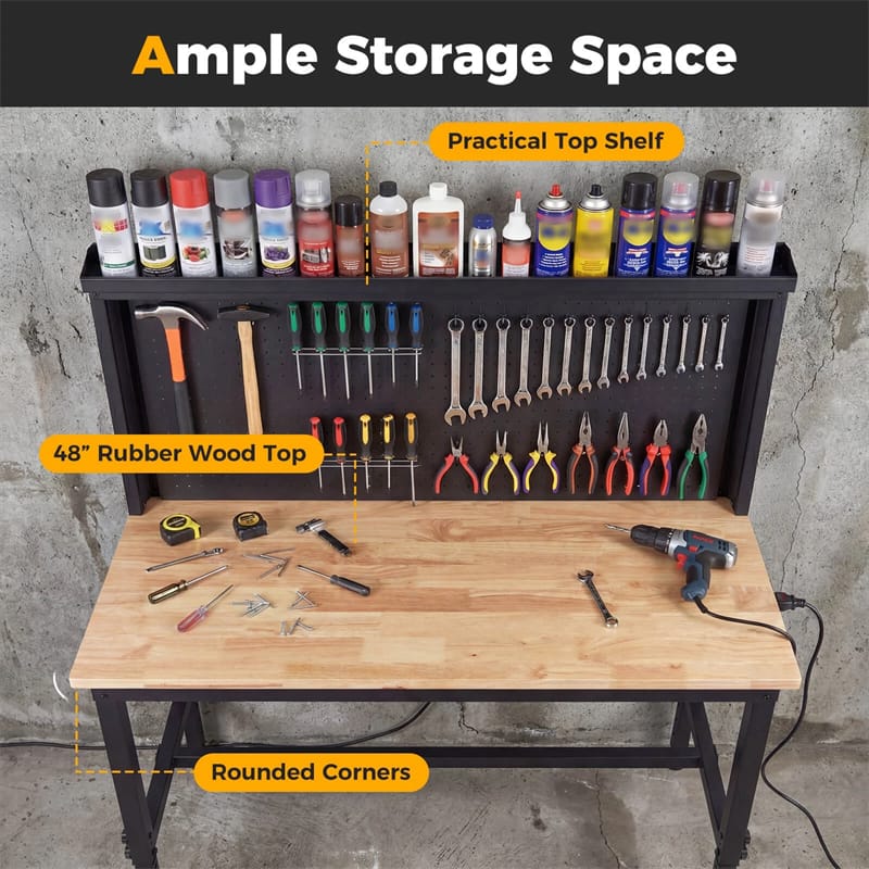 48" Heavy-Duty Workbench with AC/USB Outlets & Pegboard, 2000 LBS Max Load - Product image 9
