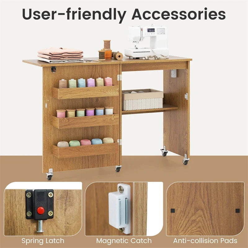Folding Sewing Table with Charging Station, Rolling Craft Table w/ 3 Storage Trays & Shelf - Product image 43