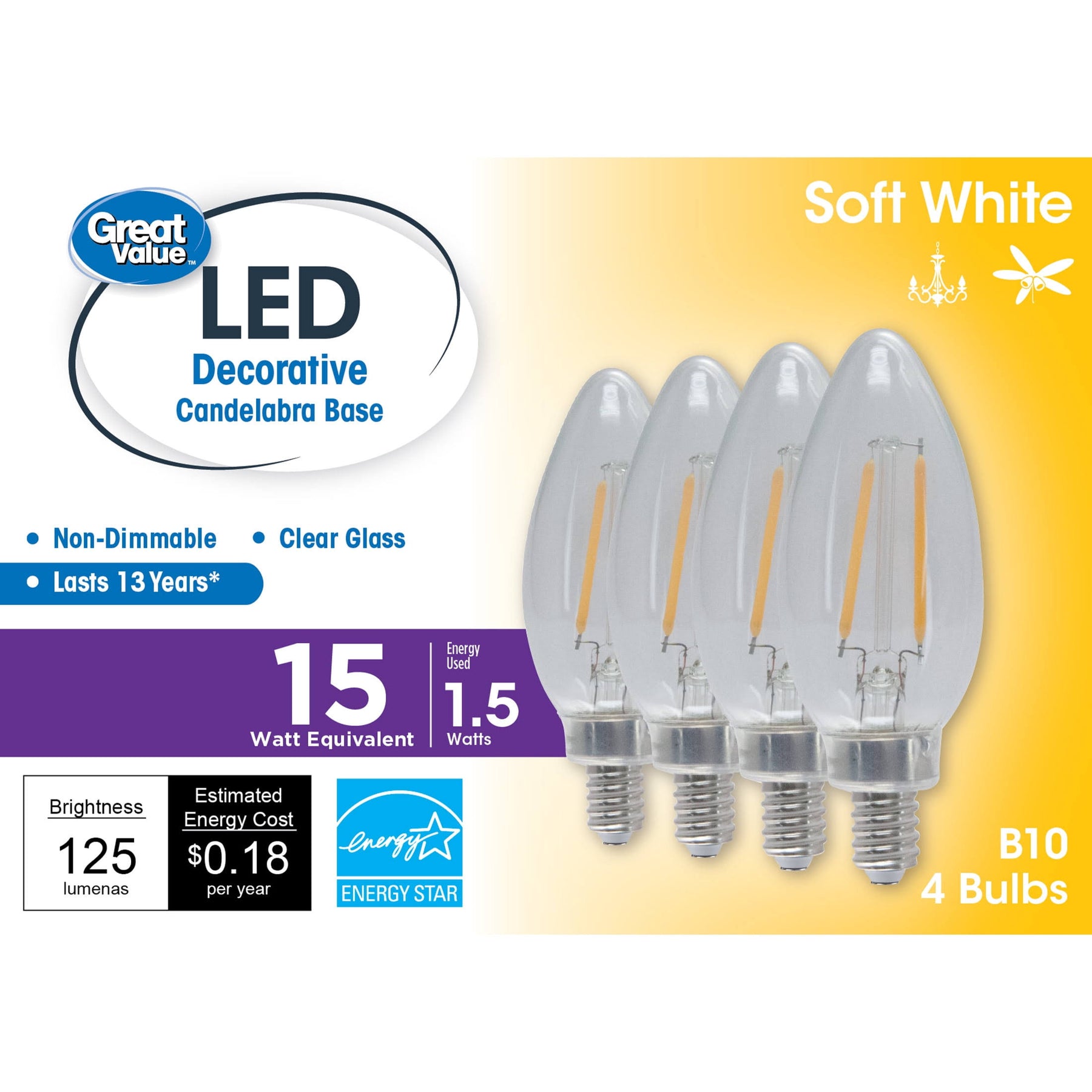 Great Value LED Light Bulb, 1.5 Watts (15w Equivalent) B10 Deco Lamp E12 Candelabra Base, Non-Dimmable - Product image 1