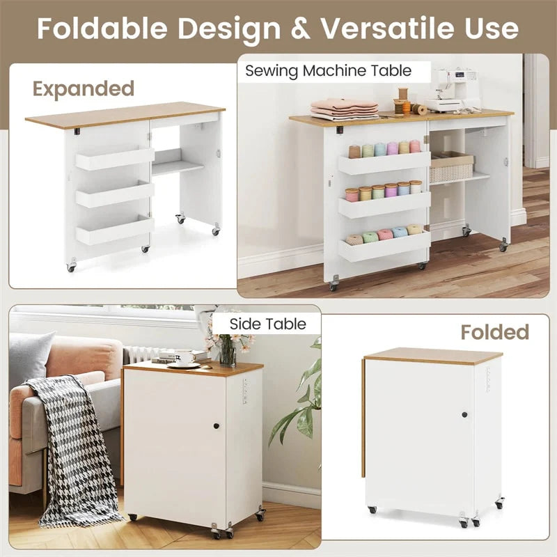 Folding Sewing Table with Charging Station, Rolling Craft Table w/ 3 Storage Trays & Shelf - Product image 6