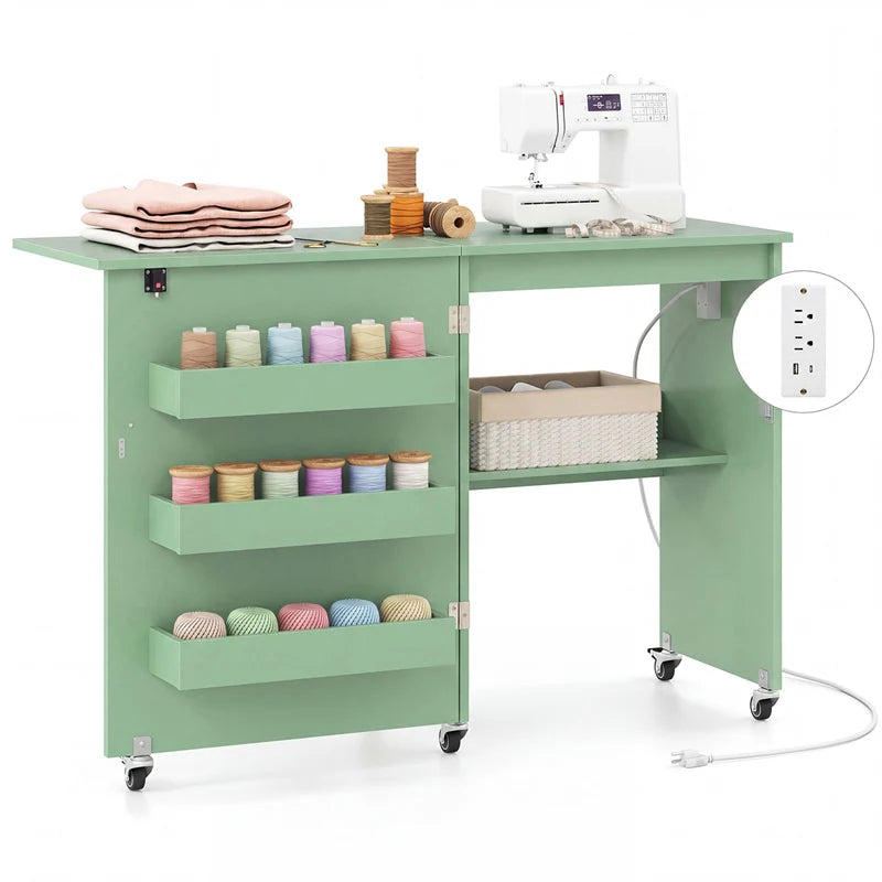 Folding Sewing Table with Charging Station, Rolling Craft Table w/ 3 Storage Trays & Shelf - Product image 47