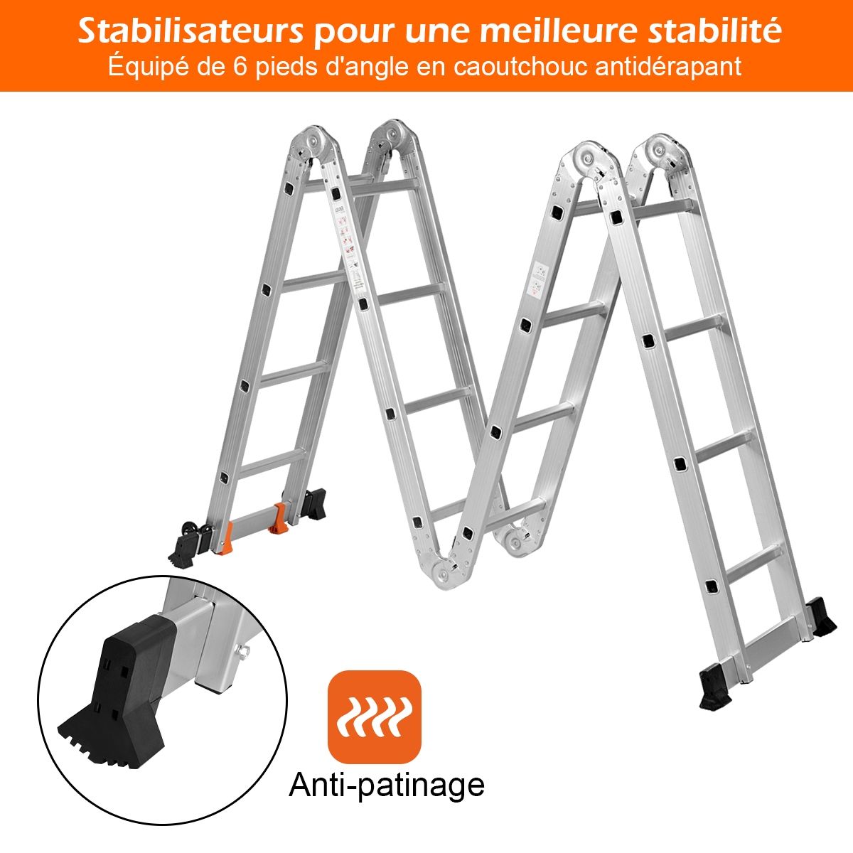 5 in 1 Multipurpose Ladder with 2 Uprights 4 Folds 15 Rungs Foldable and Multifunction Capacity 150kg in Aluminum -