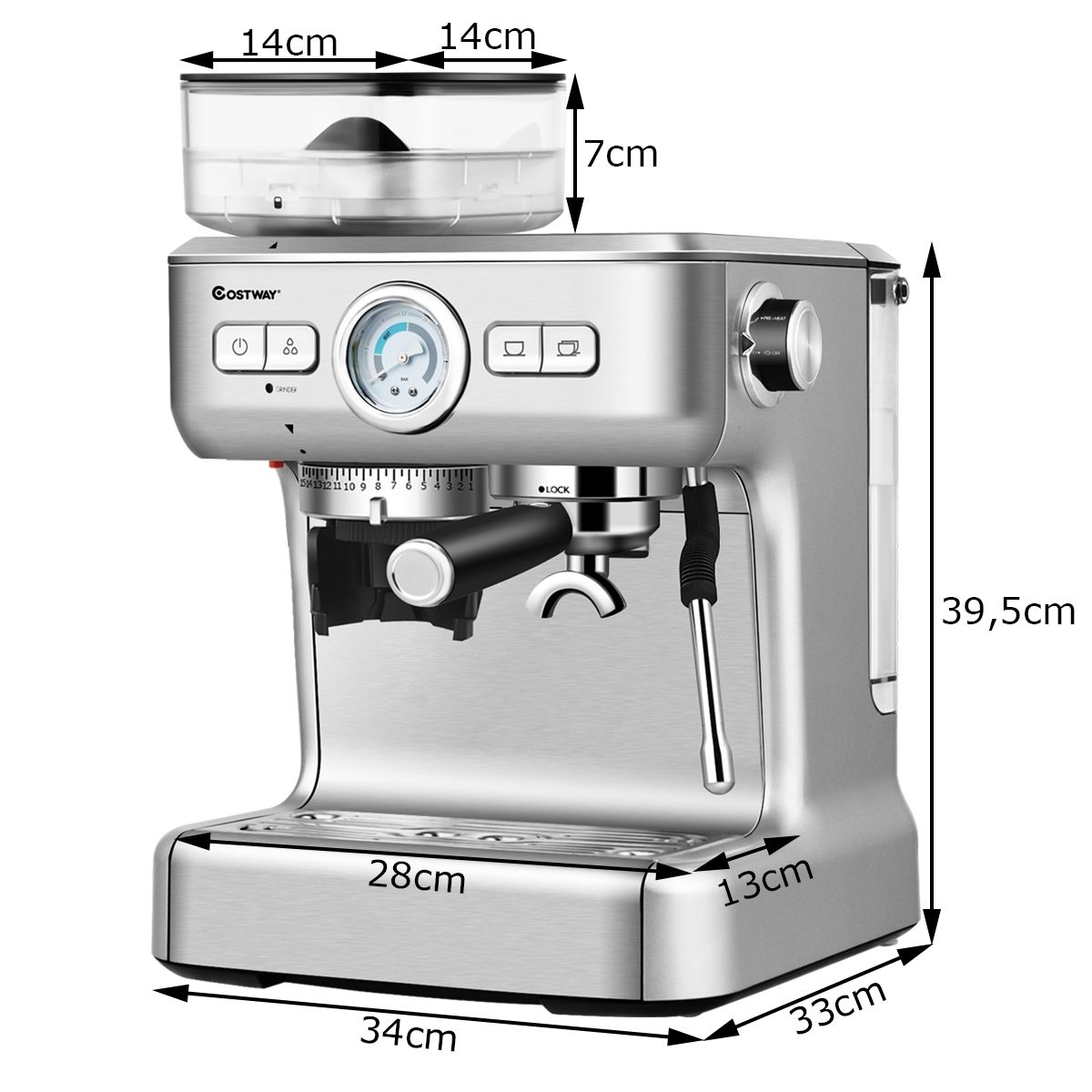 Automatic Coffee Machine with Bean Grinder 1350W 30 Adjustable Coffee Powder Levels Adjustable Temperature -