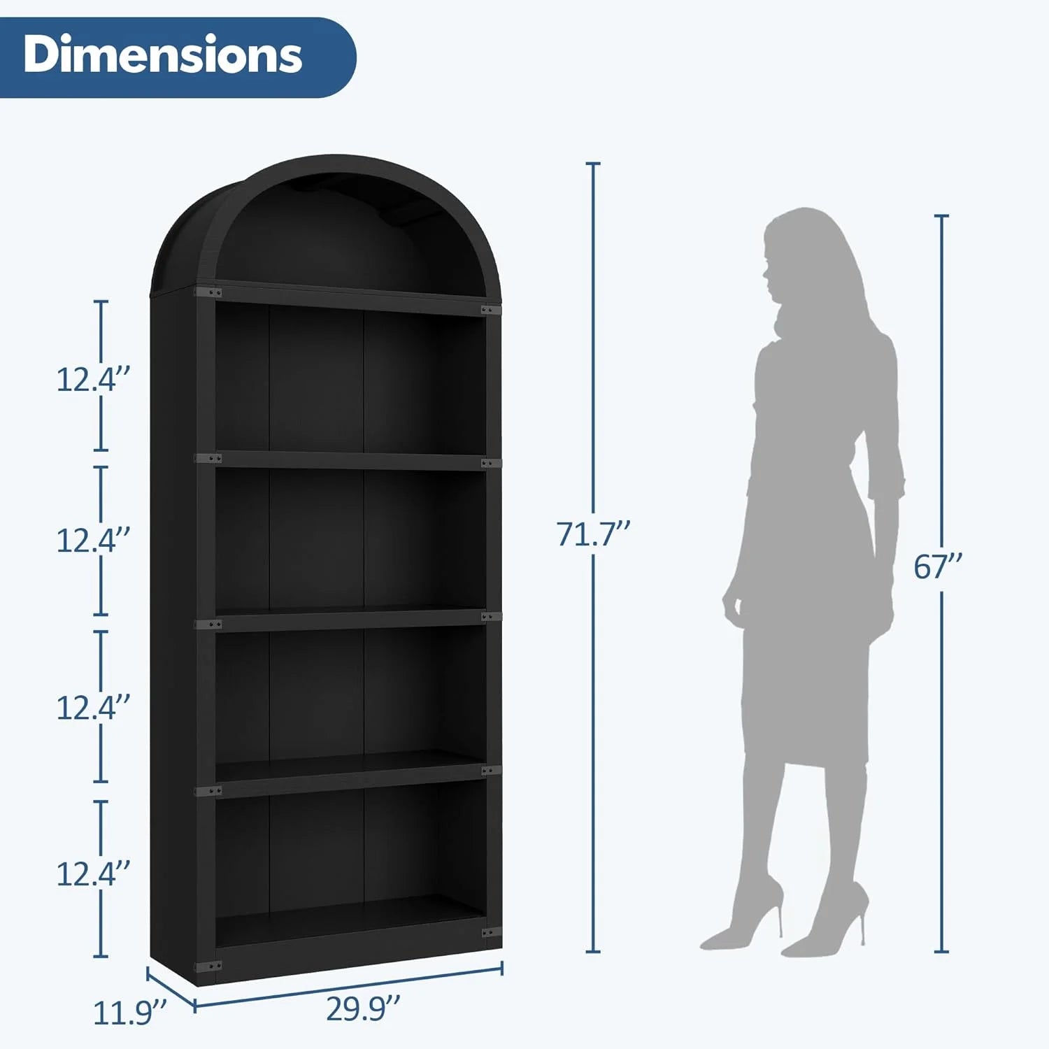 Bookcase 5 Shelf Arched Bookshelf 71.65in Tall Bookcase Farmhouse Display Storage Rack Wooden Bookshelves - Product image 16