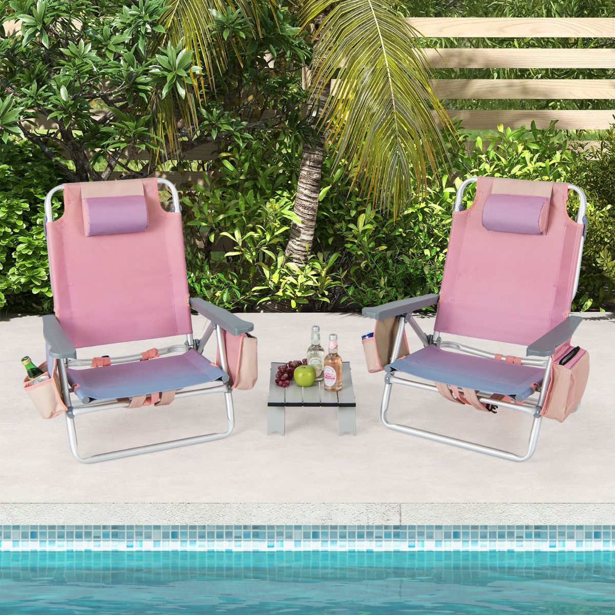 Set of 2 Folding Beach Camping Chairs Aluminum Roll-Up Table Headrest Adjustable Backrest in 5 Positions 6 Colors to Choose From -