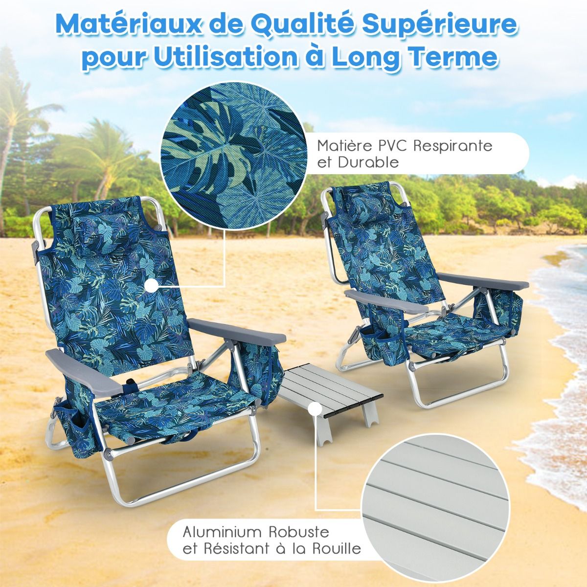Set of 2 Folding Beach Camping Chairs Aluminum Roll-Up Table Headrest Adjustable Backrest in 5 Positions 6 Colors to Choose From -