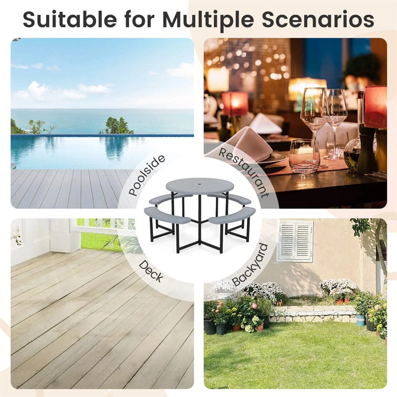 8 Person Round Outdoor Picnic Table Bench Set with Umbrella Hole, All-Weather HDPE Tabletop & Metal Frame - Product image 29