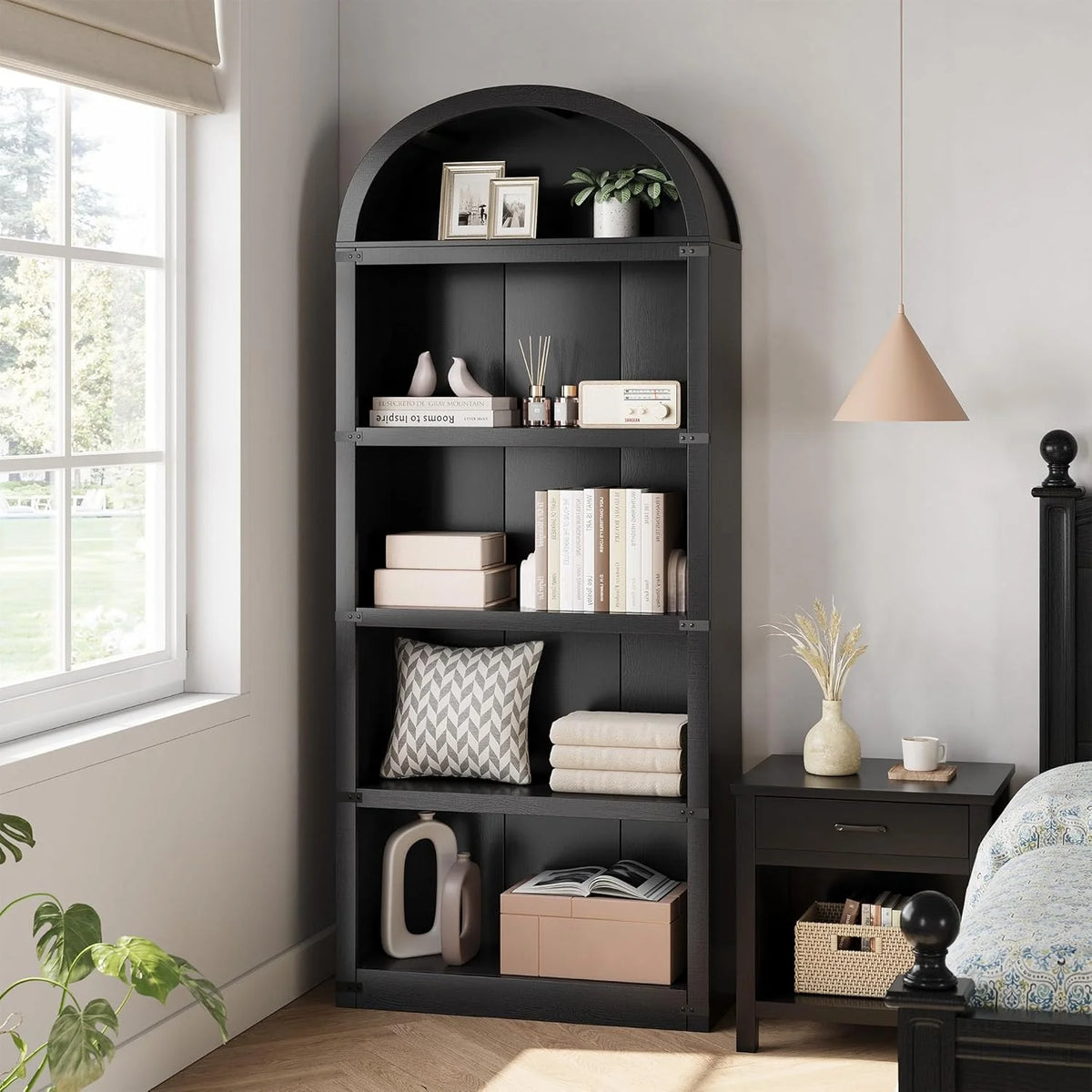 Bookcase 5 Shelf Arched Bookshelf 71.65in Tall Bookcase Farmhouse Display Storage Rack Wooden Bookshelves - Product image 20