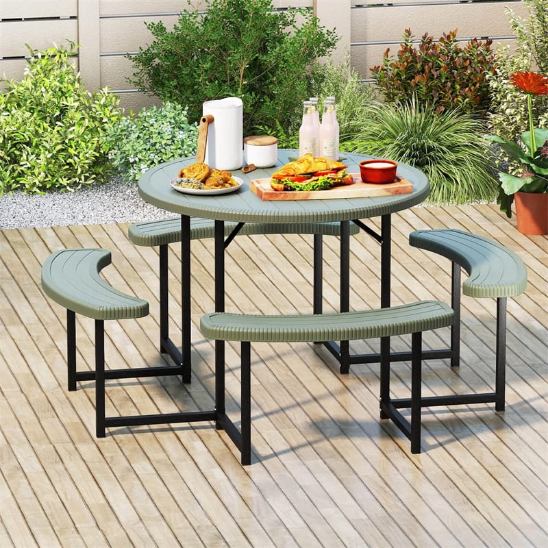 8 Person Round Outdoor Picnic Table Bench Set with Umbrella Hole, All-Weather HDPE Tabletop & Metal Frame - Product image 20