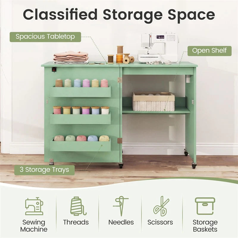 Folding Sewing Table with Charging Station, Rolling Craft Table w/ 3 Storage Trays & Shelf - Product image 52